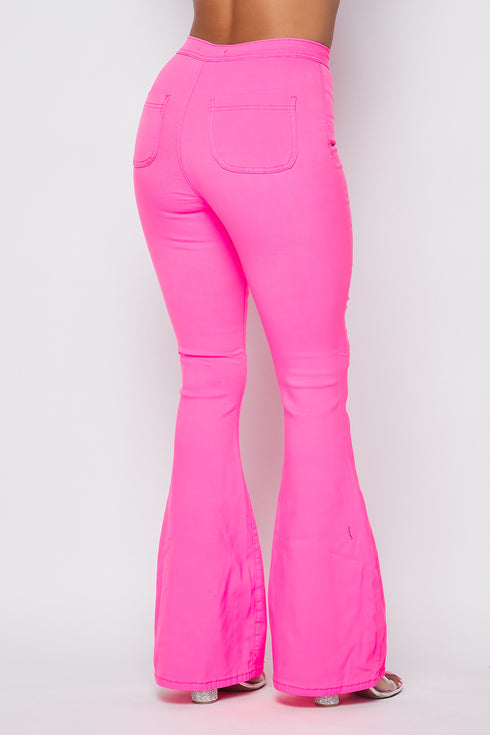High Waisted Stretchy Bell Bottom Jeans - Neon Pink - SohoGirl.com